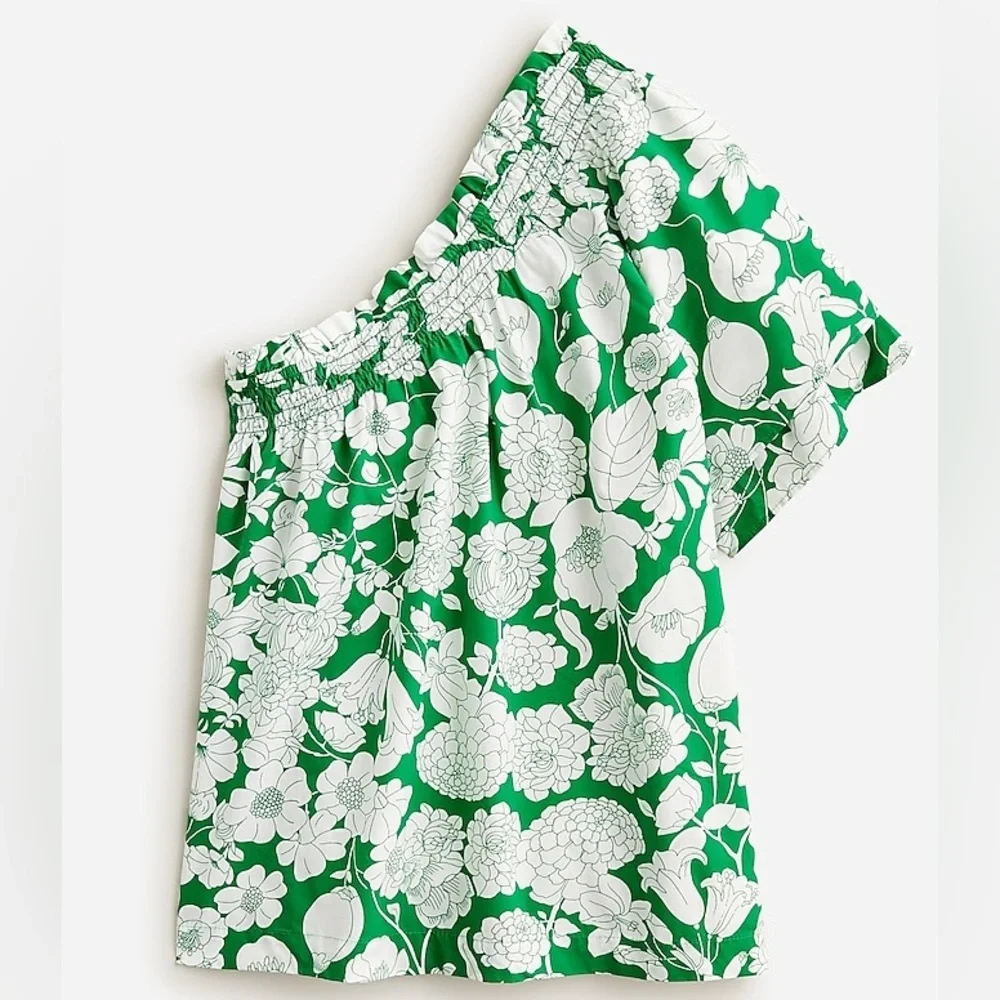 J. Crew Smocked One-Shoulder Cotton Top in Kelly Green - Sz. Medium - BNWT